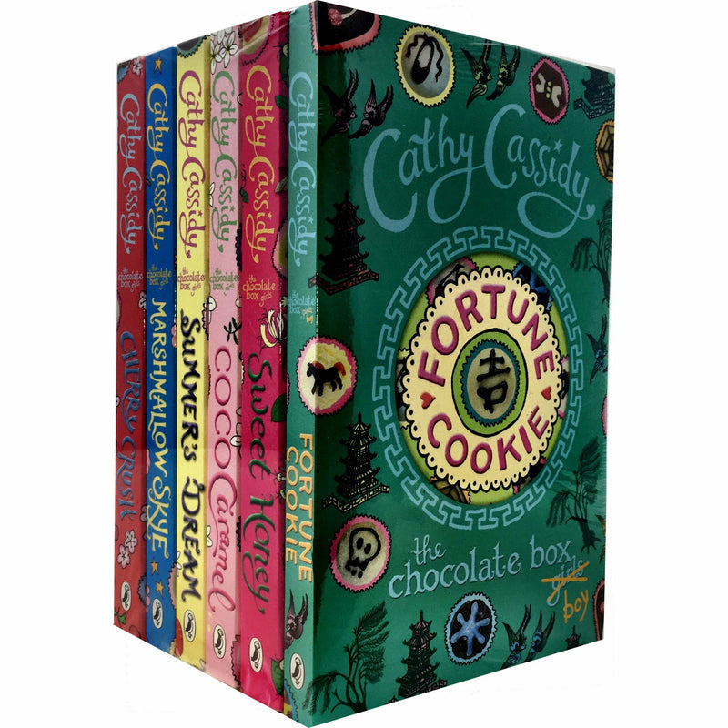 Six paperback books from Cathy Cassidy's Chocolate Box Girls collection, featuring colorful covers and engaging fiction stories.