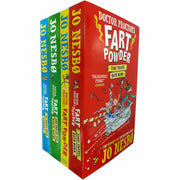 Cover images of Doctor Proctor's Fart Powder book collection by Jo Nesbø, featuring colorful illustrations on paperback books.