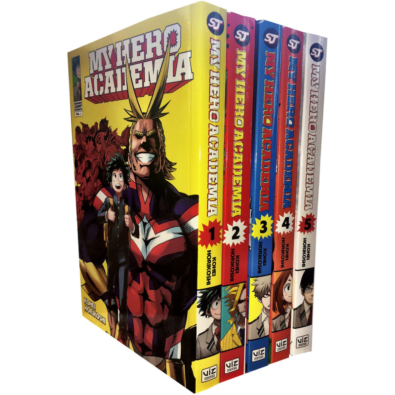 My Hero Academia 5-book paperback collection set by Kohei Horikoshi, featuring colorful covers and characters from the anime series.