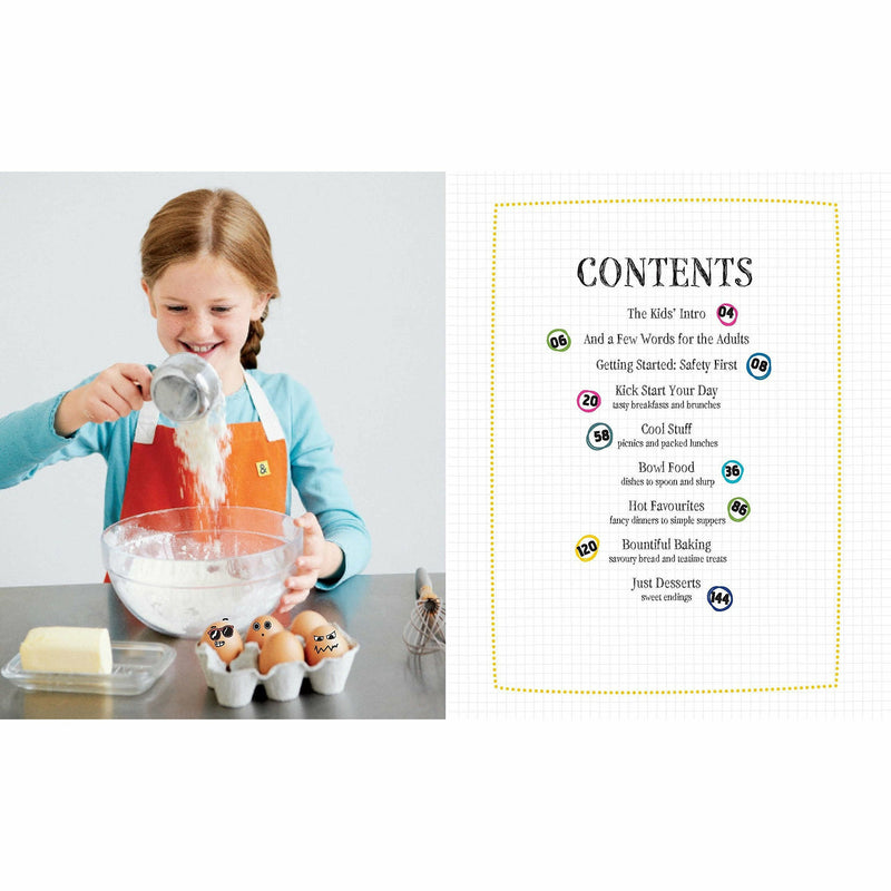 Cover of "Cool Kids Cook" book by The Book Bundle featuring colorful illustrations and a young chef preparing food.