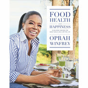 Hardcover book titled "Food, Health And Happiness" by Oprah Winfrey featuring colorful recipe images on the cover.