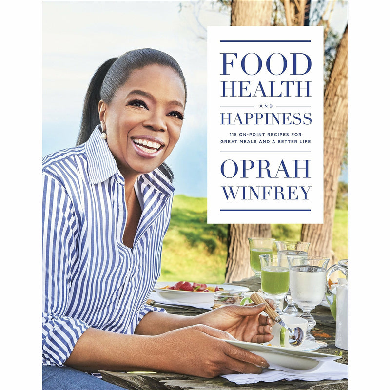 Hardcover book titled "Food, Health And Happiness" by Oprah Winfrey featuring colorful recipe images on the cover.