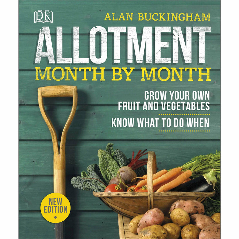 Hardcover book titled Allotment Month by Month by Alan Buckingham, featuring grow-your-own fruit and vegetables gardening tips.