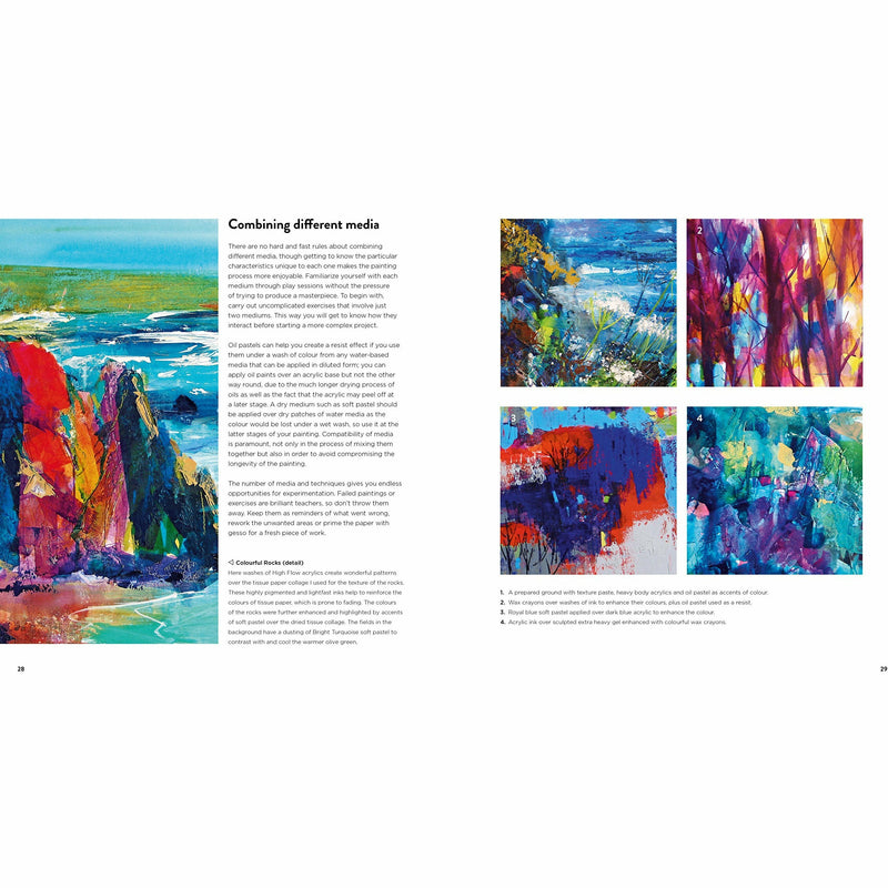 Hardcover book titled "Contemporary Landscapes in Mixed Media" by Soraya French, featuring vibrant landscape artwork on the cover.