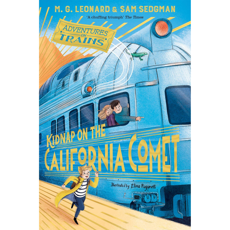 Set of three paperback adventure books from M. G. Leonard's Adventures on Trains collection, featuring colorful cover illustrations.
