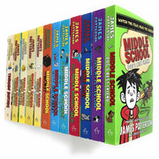 James Patterson Middle School and Treasure Hunters 12-book collection set of paperback fiction books with colorful covers.