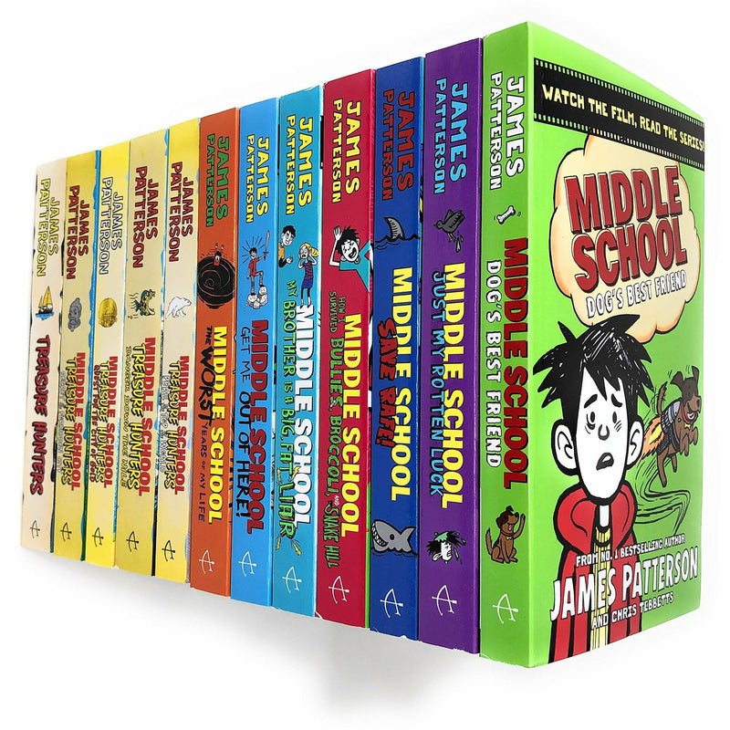 James Patterson Middle School and Treasure Hunters 12-book collection set of paperback fiction books with colorful covers.