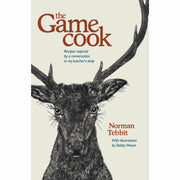 Hardcover book titled "The Game Cook" by Norman Tebbit, featuring recipes inspired by a butcher's shop conversation, published by Grub Street.