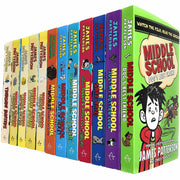 James Patterson Middle School and Treasure Hunters 12-book set, paperback fiction collection with Arrow branding and colorful book covers.