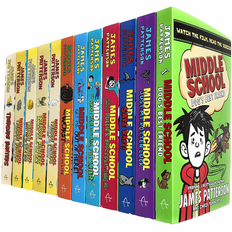 James Patterson Middle School and Treasure Hunters 12-book set, paperback fiction collection with Arrow branding and colorful book covers.