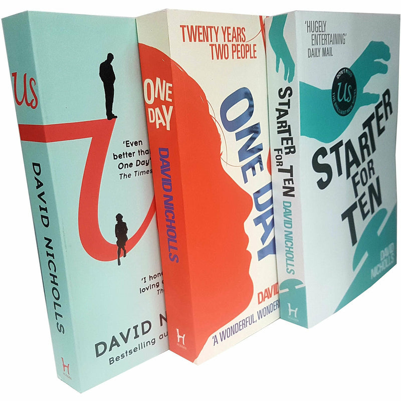 Paperback collection of three David Nicholls fiction books, including "Us" and "Starter for Ten & One Day" by Hodder Paperbacks.