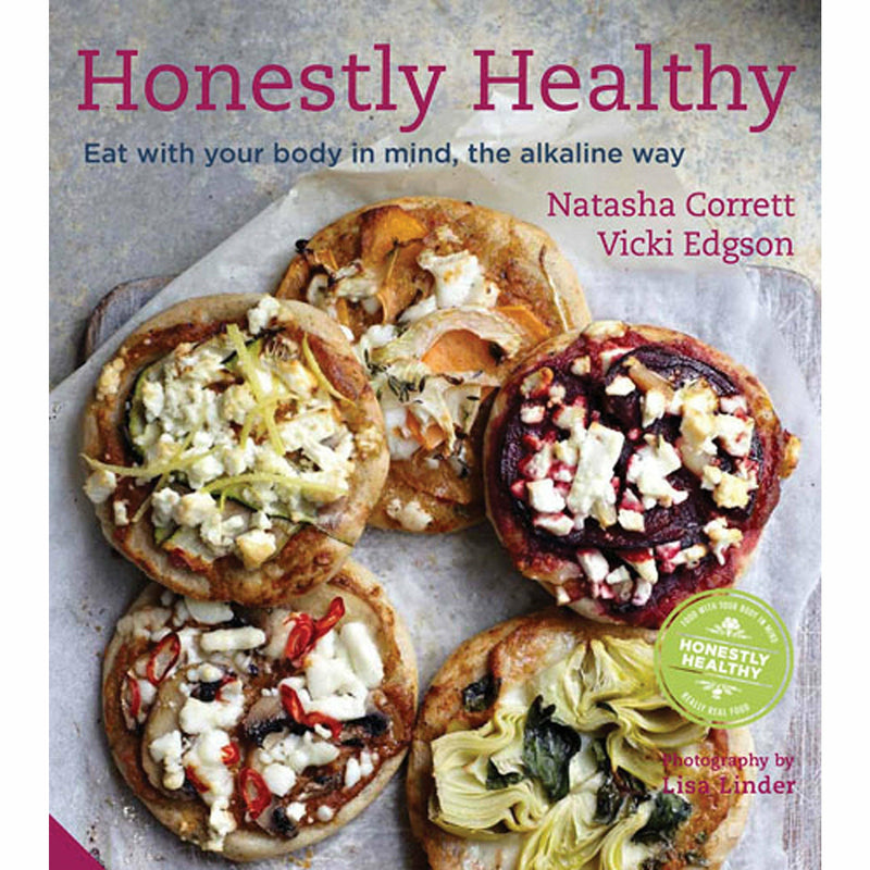 Honestly Healthy Cookbook and alkaline reset cleanse books by Vicki Edgson, Natasha Corrett, and Ross Bridgeford, featuring colorful cover images.