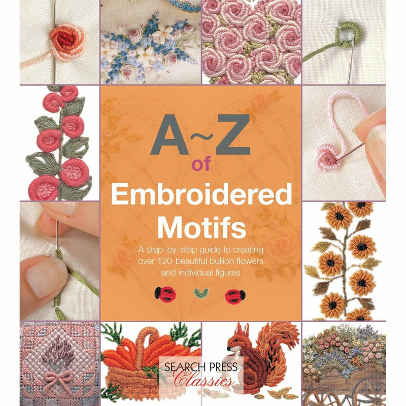 Book cover of "A-Z of Embroidered Motifs" by Search Press, featuring colorful embroidery designs on a paperback cover.