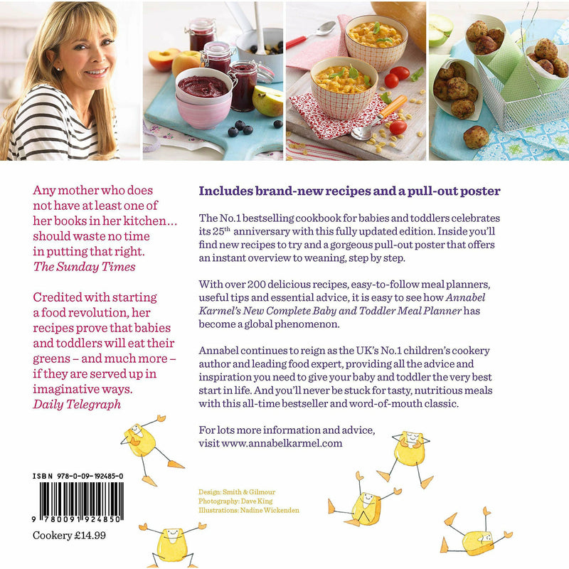 Annabel Karmel's Complete Baby & Toddler Meal Planner hardcover book, featuring colorful meal ideas for babies and toddlers.