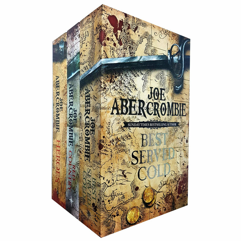 The Great Leveller Collection by Joe Abercrombie featuring paperback editions of Best Served Cold, The Heroes, and Red Country.