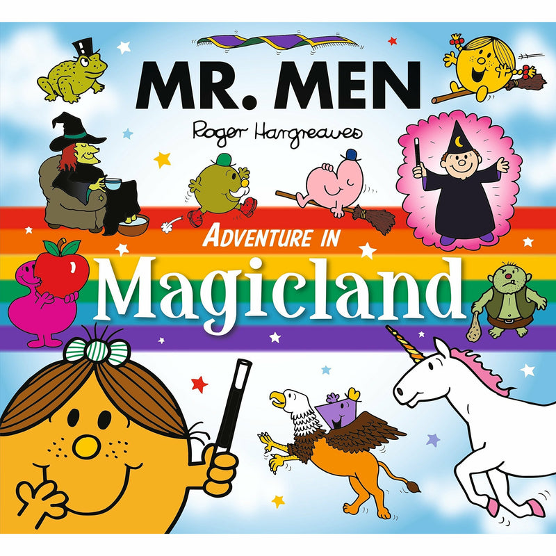 Set of nine Mr Men and Little Miss Adventures paperback books by Roger Hargreaves, featuring colorful cartoon characters.