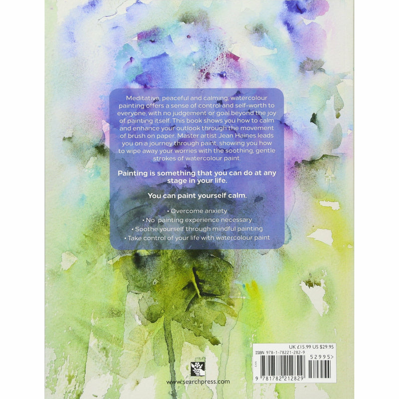 Open paperback of "Paint Yourself Calm" by Jean Haines, featuring colorful watercolor artwork on the cover.