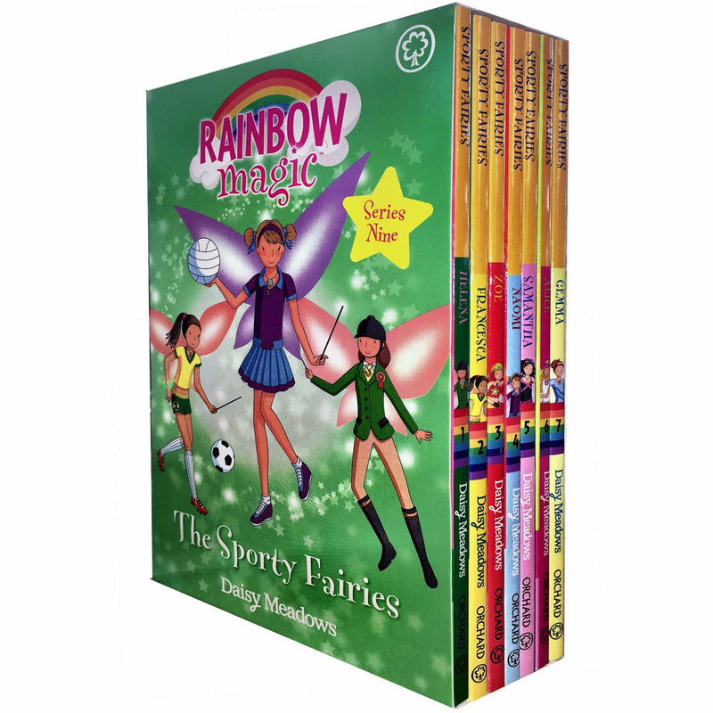 Rainbow Magic Sporty Fairies book collection by Daisy Meadows, featuring colorful paperback covers with fairy illustrations.