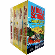 Middle School Treasure Hunters Series 5 paperback books set by James Patterson, featuring colorful covers and adventure-themed illustrations.
