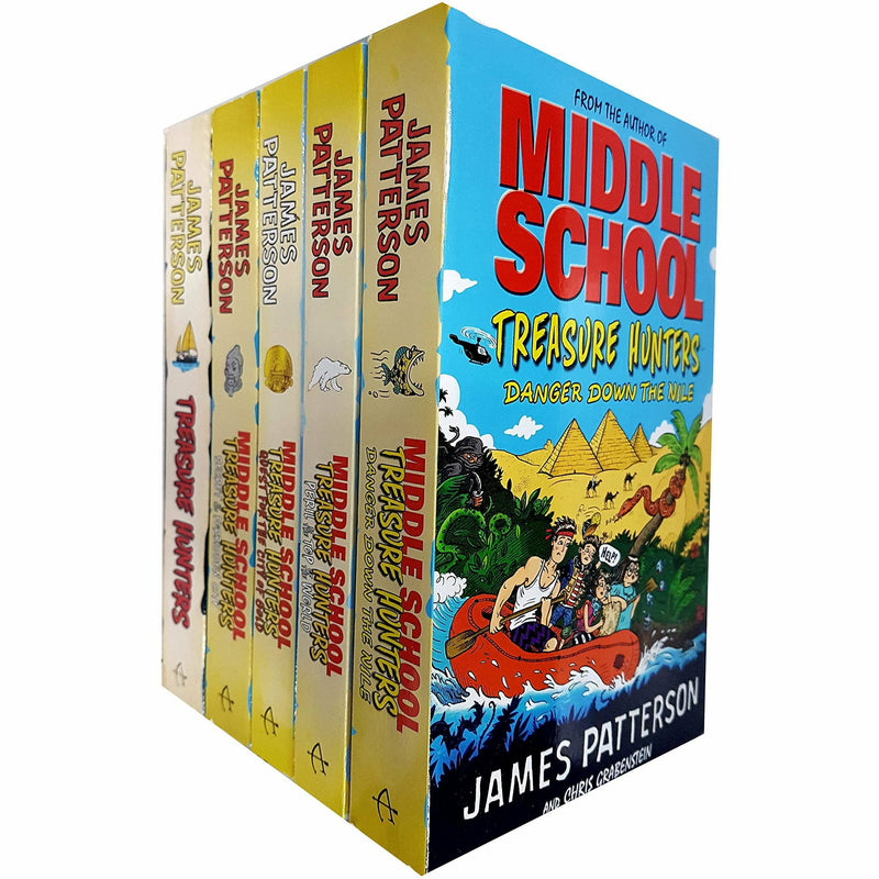 Middle School Treasure Hunters Series 5 paperback books set by James Patterson, featuring colorful covers and adventure-themed illustrations.