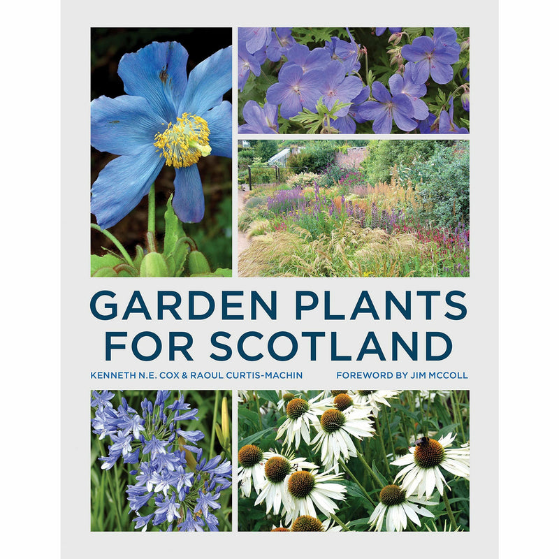 Hardcover book titled "Garden Plants for Scotland" by Kenneth Cox, showing a lush garden scene on the cover.