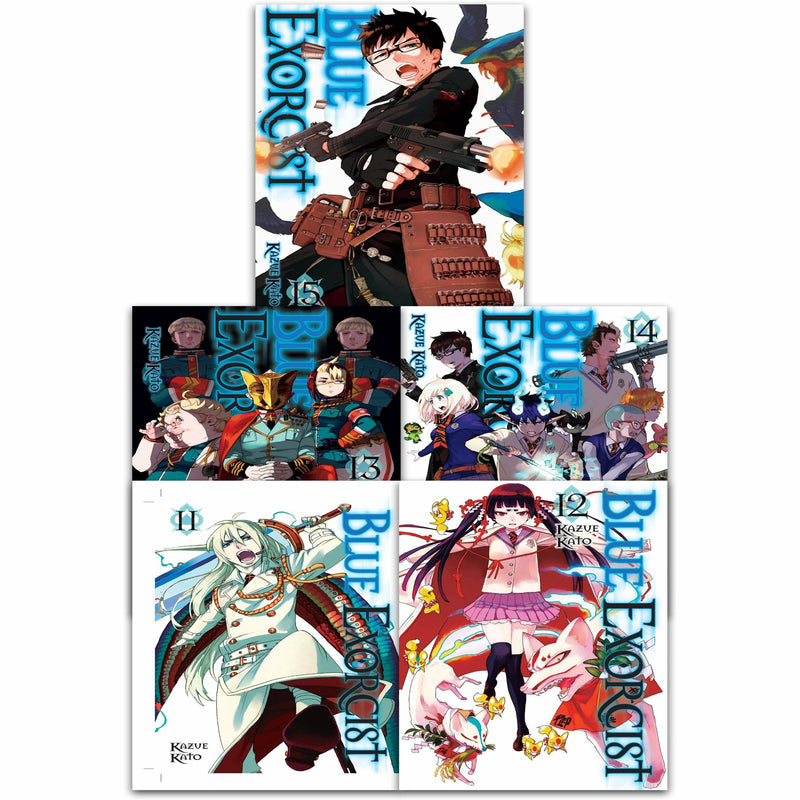 Blue Exorcist 5-book collection set series 3 by Kazue Kato, paperback fiction books by VIZ Media LLC featuring blue covers.