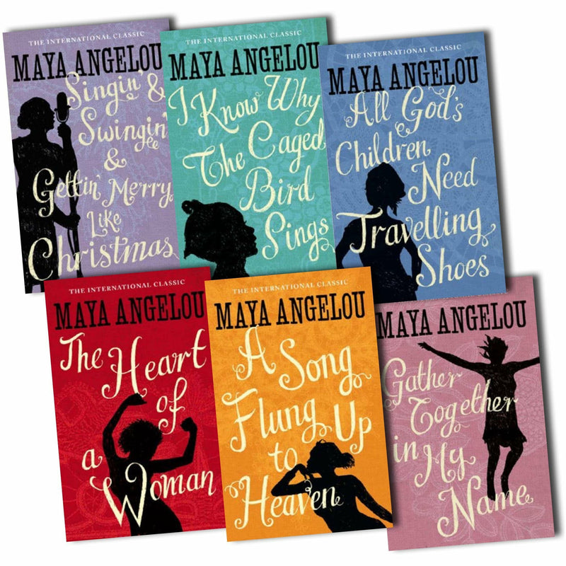 Set of six Maya Angelou autobiographies in paperback, featuring the renowned author's non-fiction life stories and memoirs.