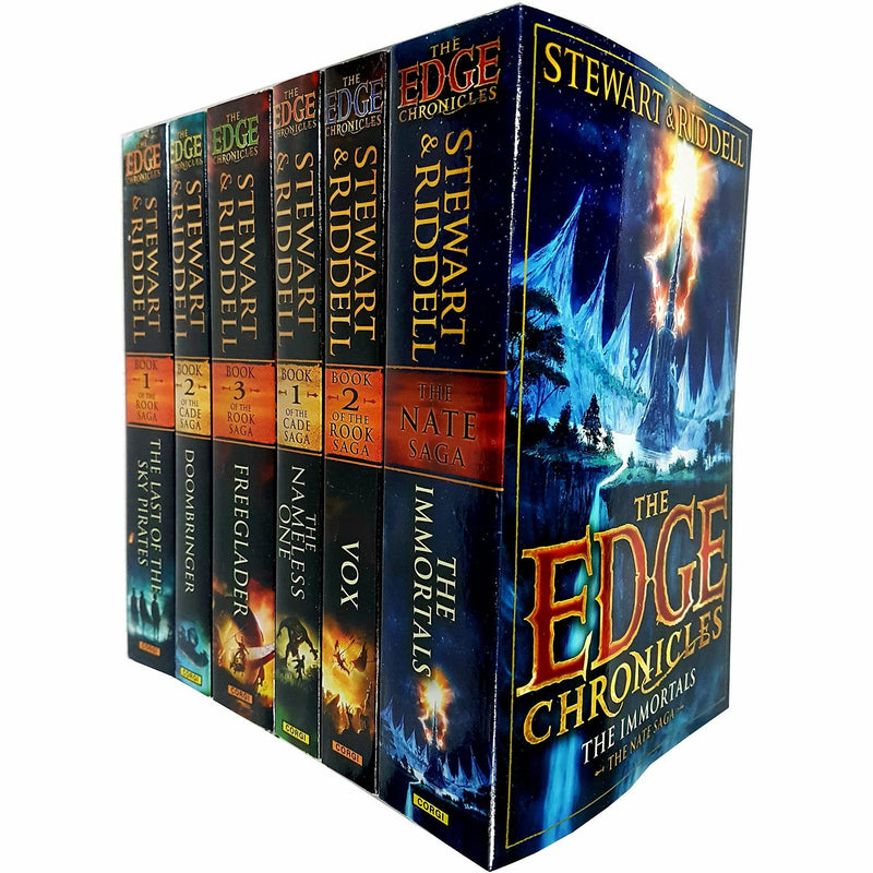 Six paperback The Edge Chronicles books collection by Paul Stewart and Chris Riddell, featuring colorful cover art for children.