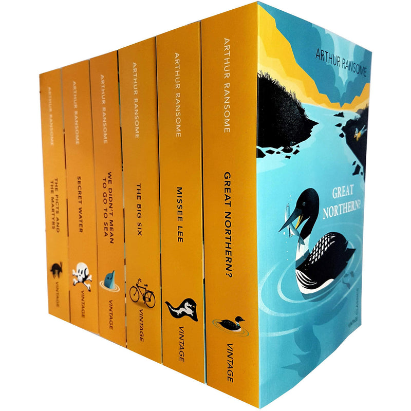 Vintage children's classics book set of six "Swallows and Amazons" by Arthur Ransome, featuring colorful illustrated covers.