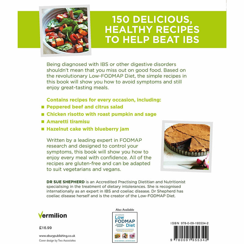 Paperback cookbook by Dr. Sue Shepherd featuring 150 low-FODMAP recipes to help relieve digestive symptoms, with colorful dish images.