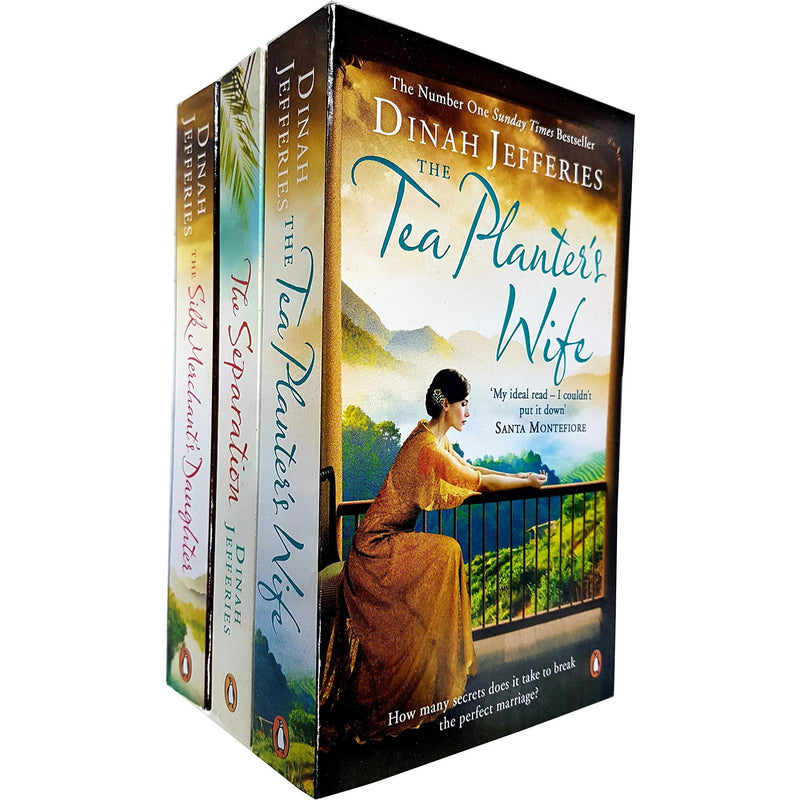 Set of three paperback fiction books by Dinah Jefferies, featuring "The Tea Planter's Wife" and "The Silk Merchant's Daughter" covers.