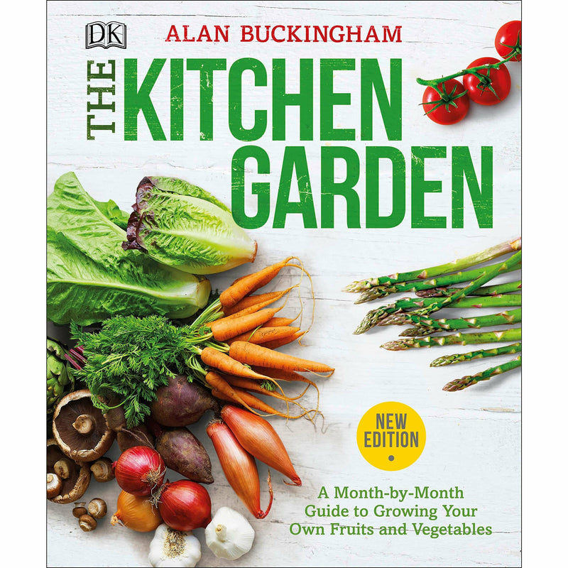 Paperback book cover for "The Kitchen Garden" by Alan Buckingham, featuring colorful illustrations of fruits and vegetables.