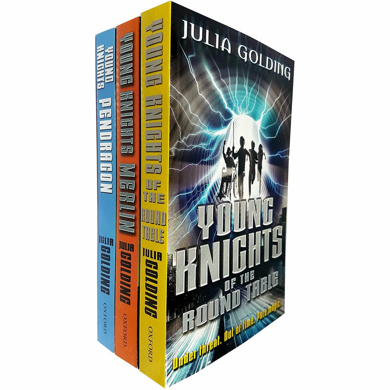 Three paperback books from the Young Knights Trilogy by Julia Golding, featuring colorful cover art and fantasy-themed illustrations.