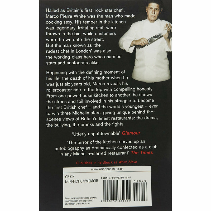 Paperback copy of "Devil in the Kitchen" by Marco Pierre White, featuring a cover with chef imagery, published by Orion.