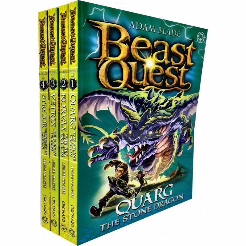 Beast Quest Series 19 four-book collection by Adam Blade, fantasy fiction paperbacks by Orchard Books, featuring colorful covers.