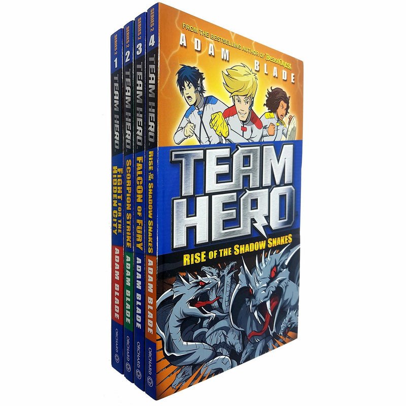Set of four paperback adventure books from the Team Hero Series 2 by Adam Blade for children aged 7-9, published by Orchard Books.