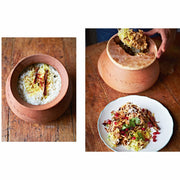Fig tree plant in a pot, healthy green leaves, displayed on a wooden table, from the Made In India cookbook by Meera Sodha.
