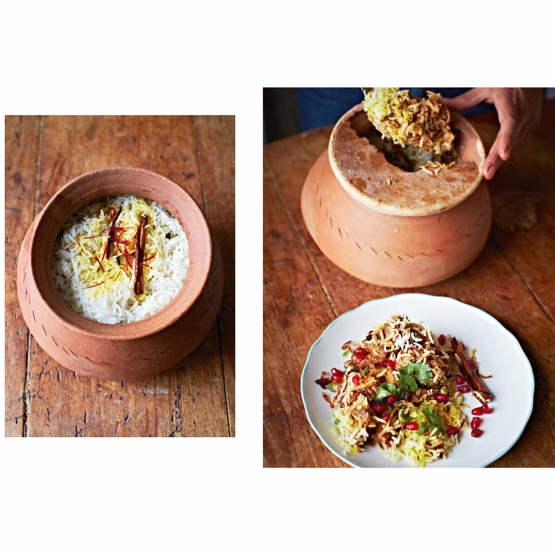 Fig tree plant in a pot, healthy green leaves, displayed on a wooden table, from the Made In India cookbook by Meera Sodha.