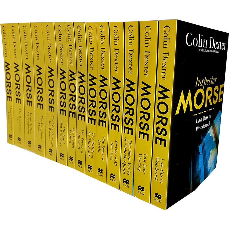 Collection of 14 Inspector Morse Mysteries books by Colin Dexter, featuring paperback editions with classic crime stories.