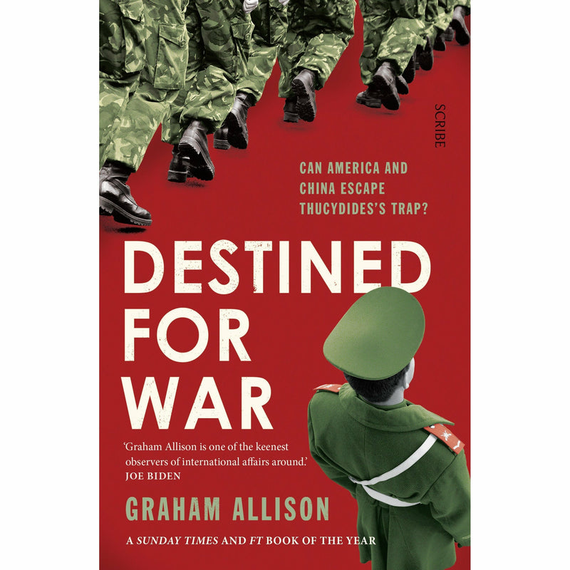 Paperback book titled "Destined for War" by Graham Allison, exploring US-China relations and Thucydides's Trap.