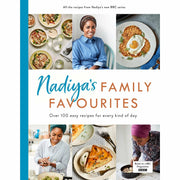 Cover of Nadiya Hussain's "Nadiya's Family Favourites" hardcover cookbook featuring colorful recipe illustrations and stylish typography.