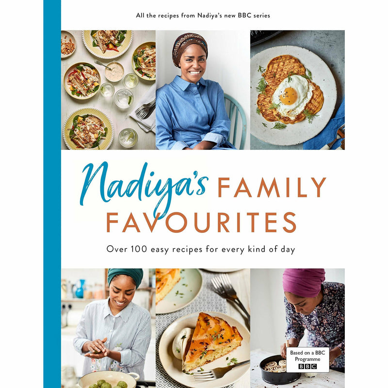 Cover of Nadiya Hussain's "Nadiya's Family Favourites" hardcover cookbook featuring colorful recipe illustrations and stylish typography.