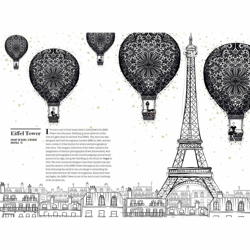 Illustrated hardcover travel guide "Paris: Through a Fashion Eye" by Megan Hess featuring fashion-inspired city scenes.