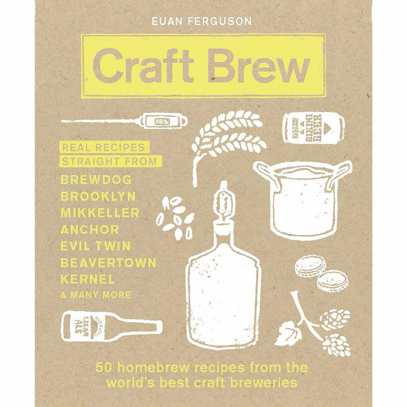Hardcover book titled "Craft Brew: 50 Homebrew Recipes," featuring a cover image with brewing ingredients and craft beer themes.