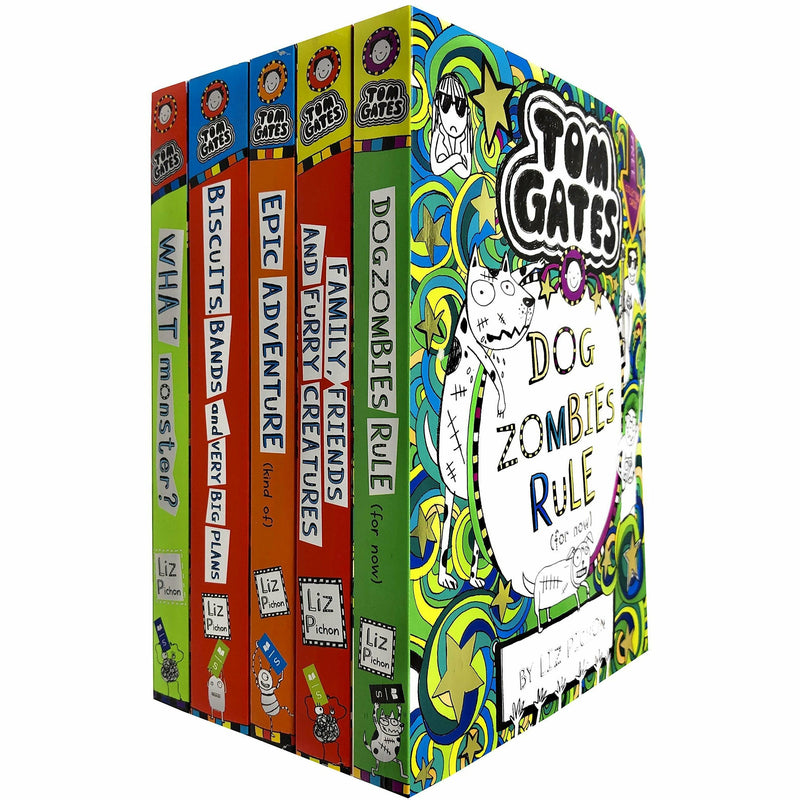 Set of five Tom Gates Series 3 books by Liz Pichon in paperback, perfect for ages 7-9, featuring colorful cover art.