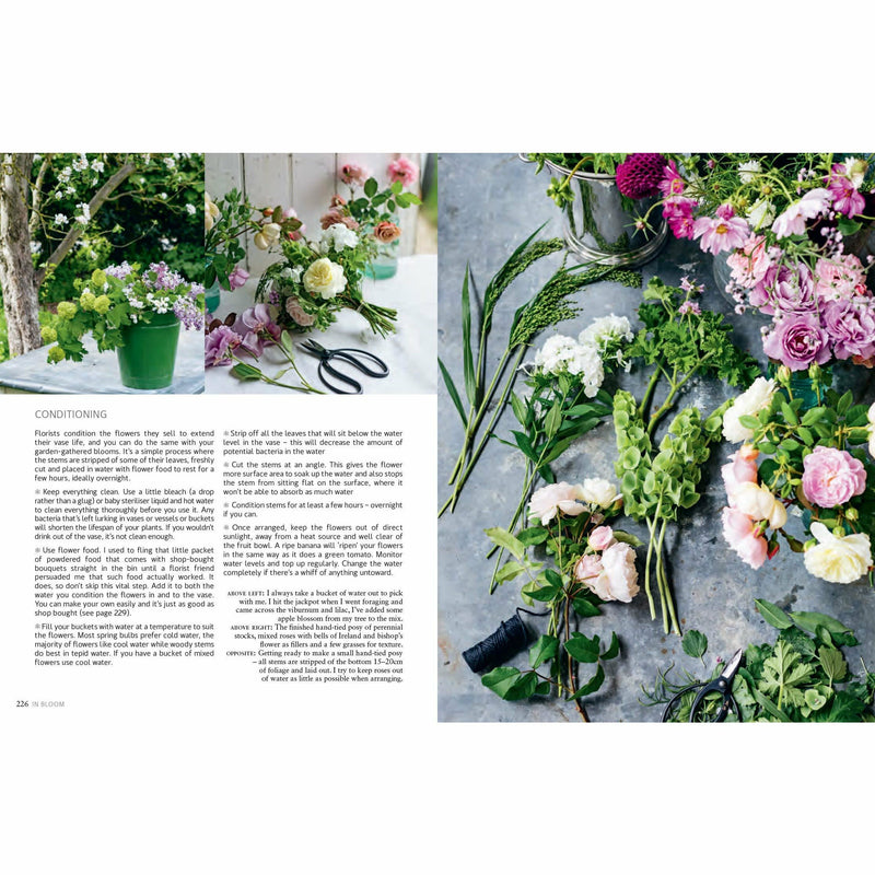 Clare Nolan's hardcover book "In Bloom" showing colorful flowers and gardening tools on the cover for year-round flower arranging.