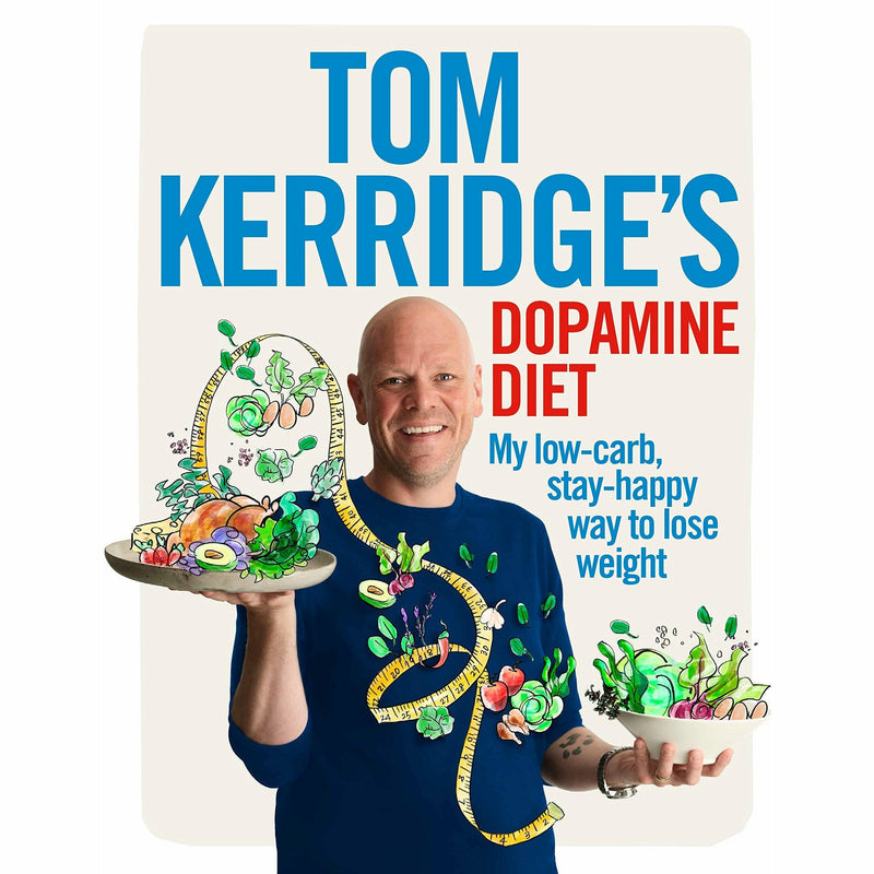 Set of three non-fiction books by Tom Kerridge and Iota on healthy longevity and dopamine diets, featuring colorful covers and titles.