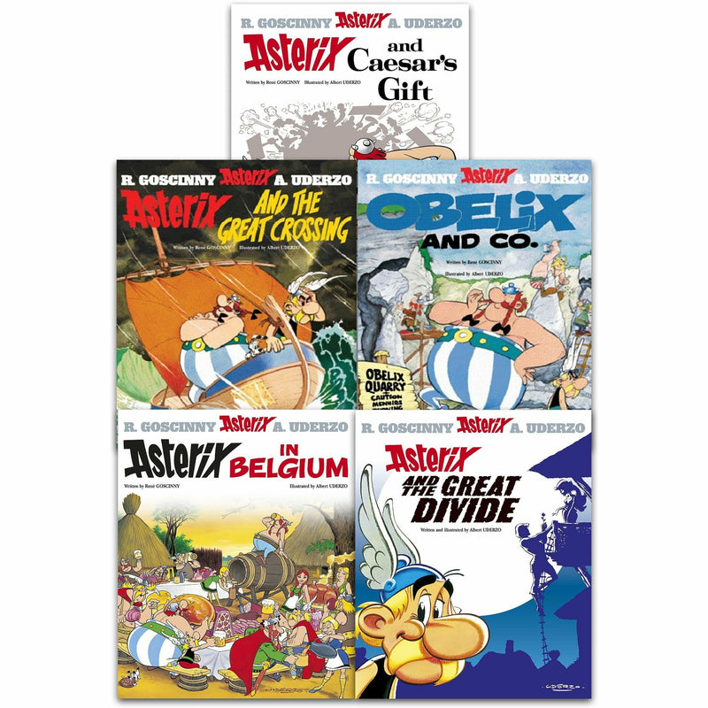 Asterix Series 5 Collection books set by René Goscinny, featuring paperback editions of Asterix and Caesar stories.