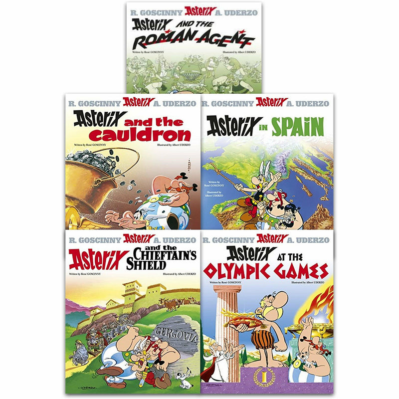Set of five paperback Asterix and the Roman Agent Series 3 books by René Goscinny and Albert Uderzo, featuring colorful comic cover art.