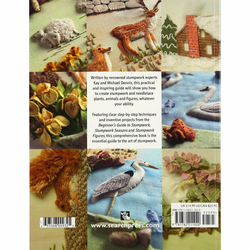 Paperback collection of Kay and Michael Dennis's beginner's guide to stumpwork embroidery, featuring seasonal designs and techniques.
